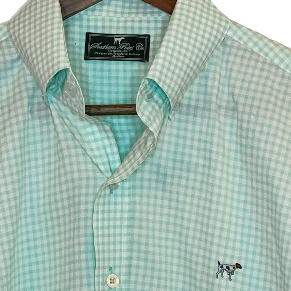 Southern Point Green Gingham Plaid Preppy Dress Shirt Embroidered Dog Sz Medium - Picture 1 of 7
